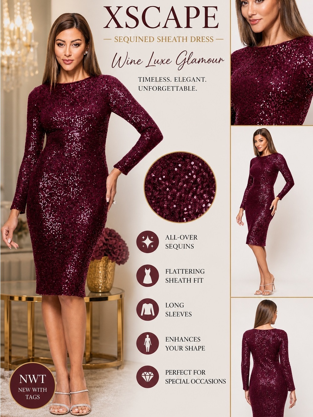 XSCAPE Rich Wine Sequin Bodycon Midi Dress Size 4 NWT